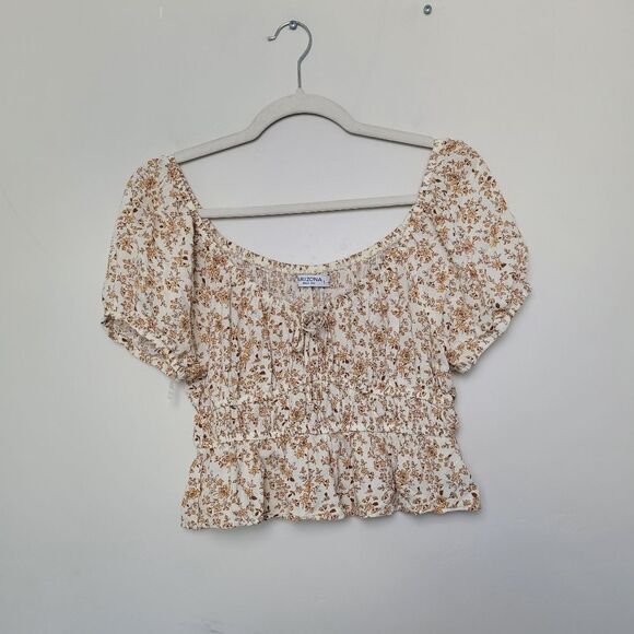 Arizona Floral Cropped Peasant Blouse Viscose Bohemian Gypsy Large Bloomcore - Picture 5 of 9